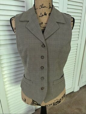 Liz Claiborne Womens Brown Plaid Tailored Button Vest